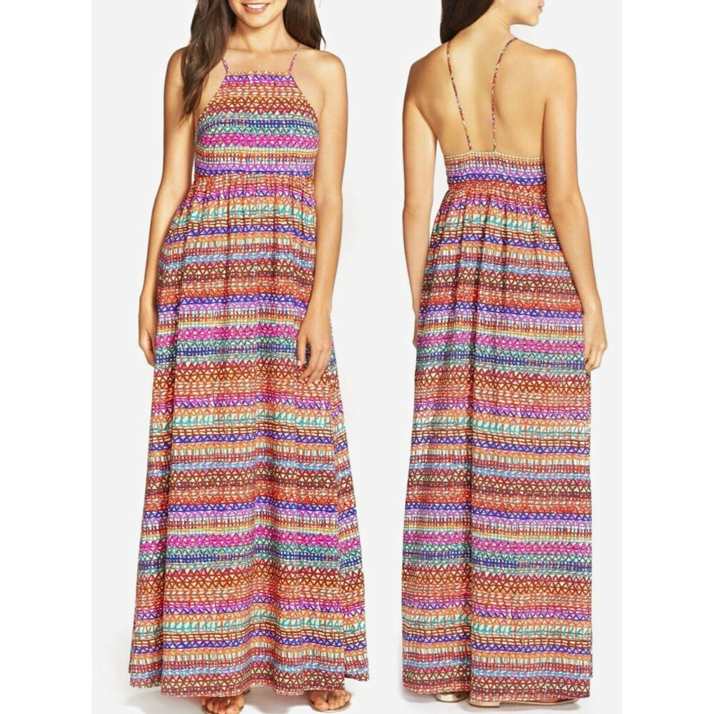 CeCe by Cynthia Steffe Women's 8 Multicolor Geometric Halter Maxi Dress Zip